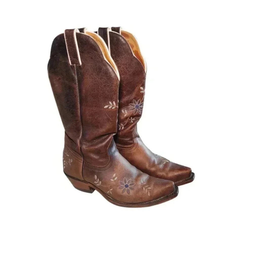 Boulet Snip-Toe Leather Floral Embroidered Western Boot